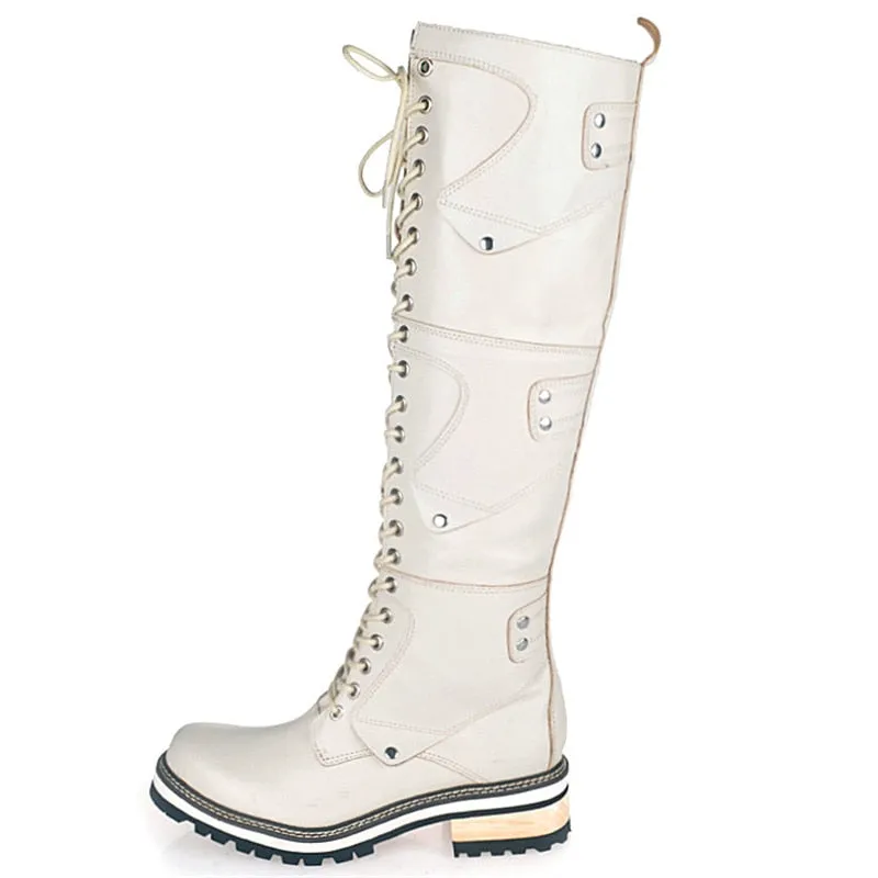 White Real Leather Cross-tied Rivet Knight Boot