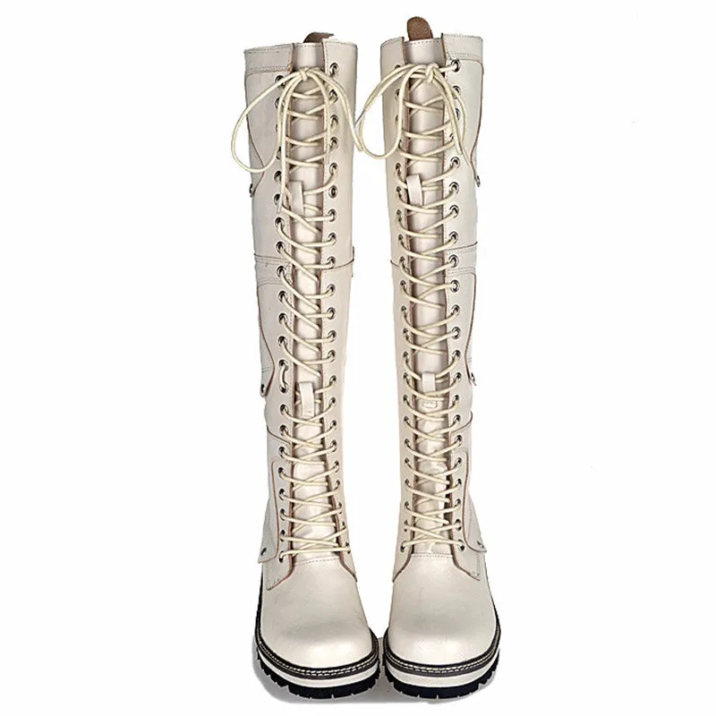 White Real Leather Cross-tied Rivet Knight Boot
