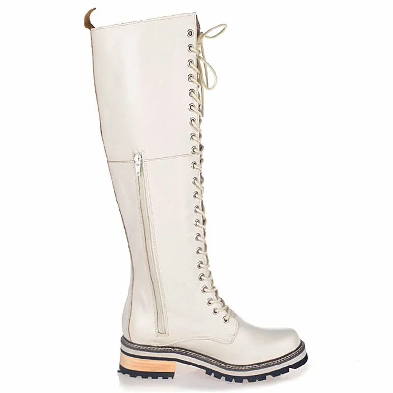 White Real Leather Cross-tied Rivet Knight Boot
