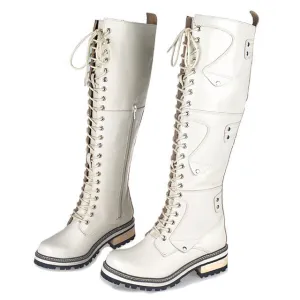 White Real Leather Cross-tied Rivet Knight Boot