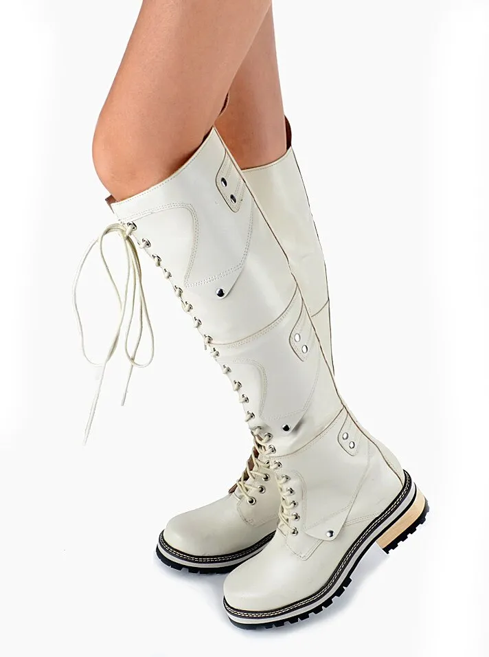 White Real Leather Cross-tied Rivet Knight Boot