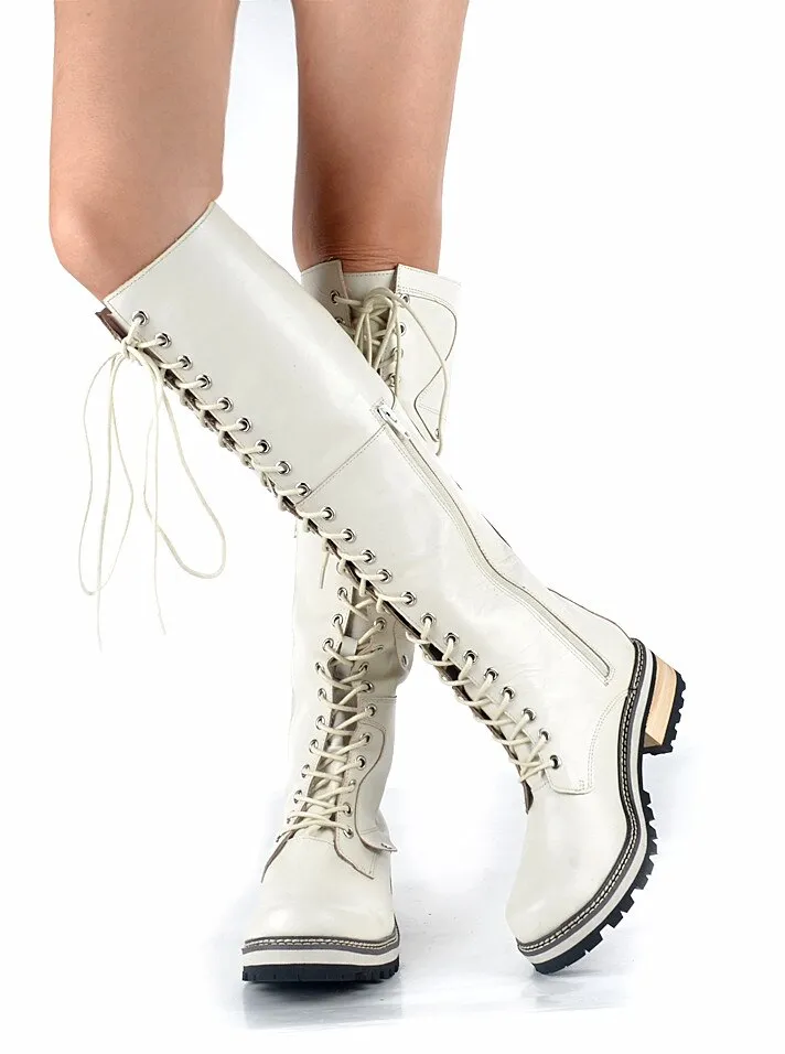 White Real Leather Cross-tied Rivet Knight Boot