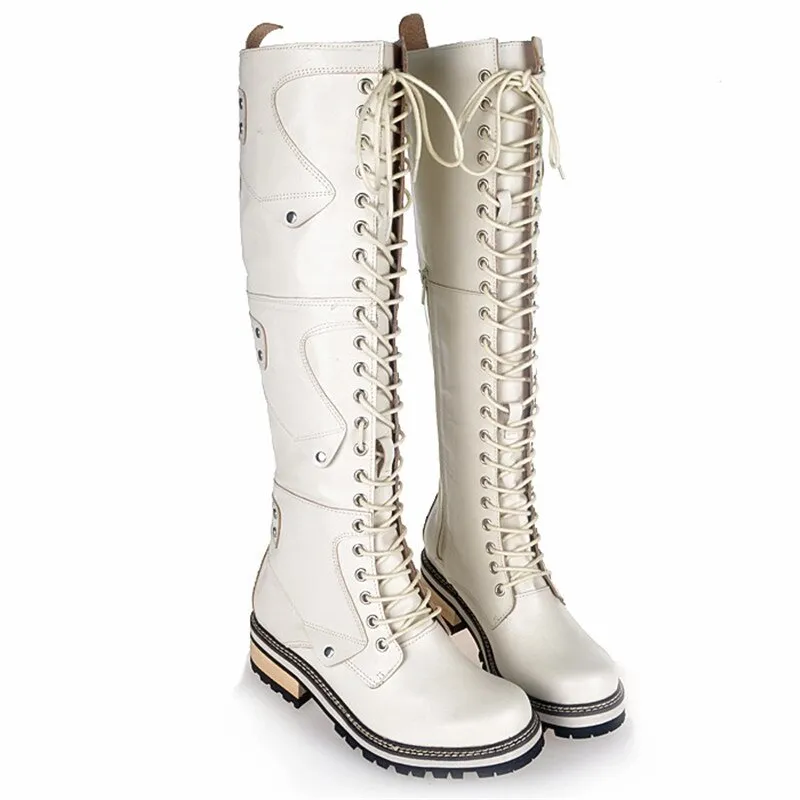 White Real Leather Cross-tied Rivet Knight Boot