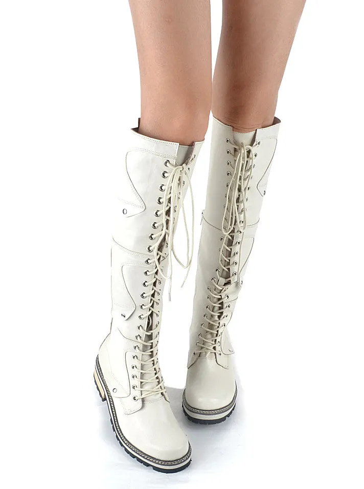 White Real Leather Cross-tied Rivet Knight Boot