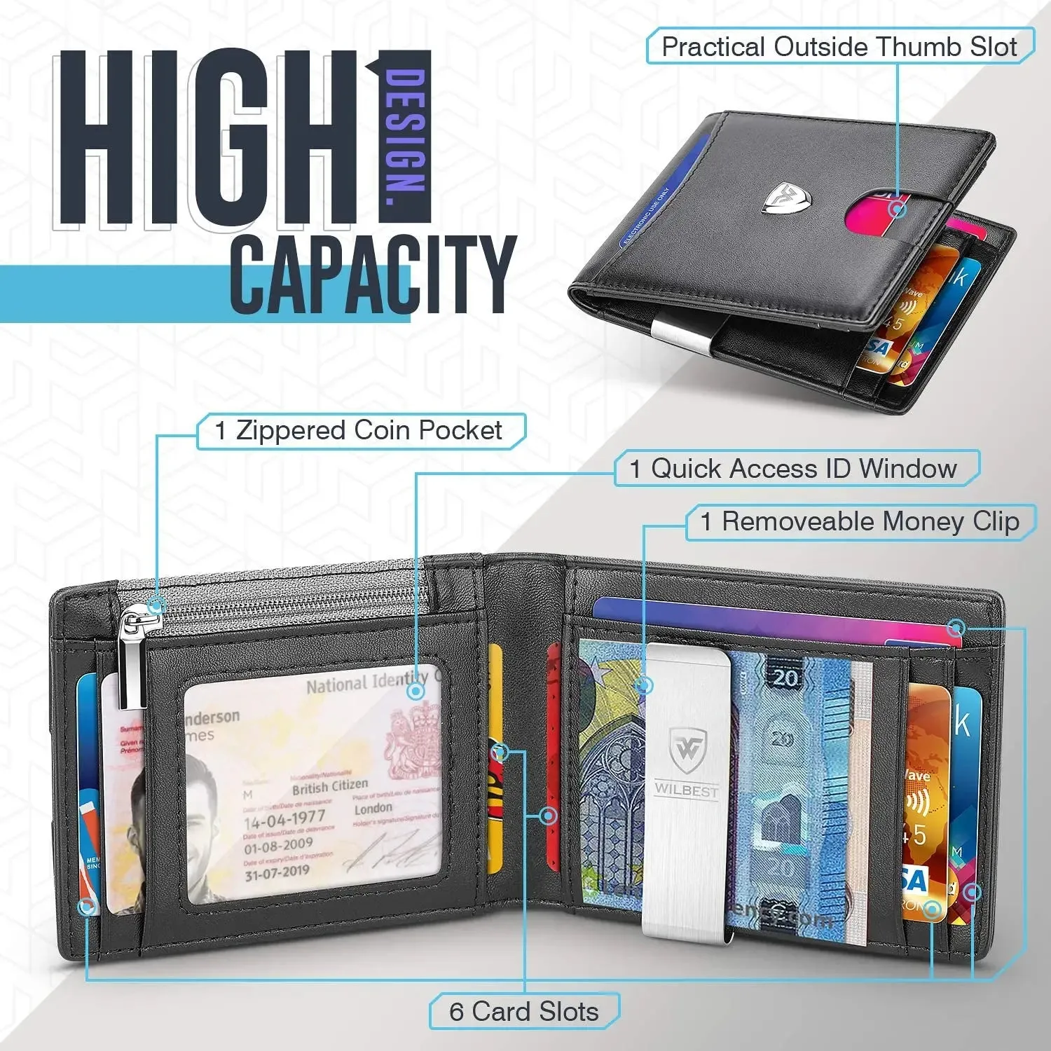 WILBEST High Capacity Leather Smart Wallet with RFID Blocking