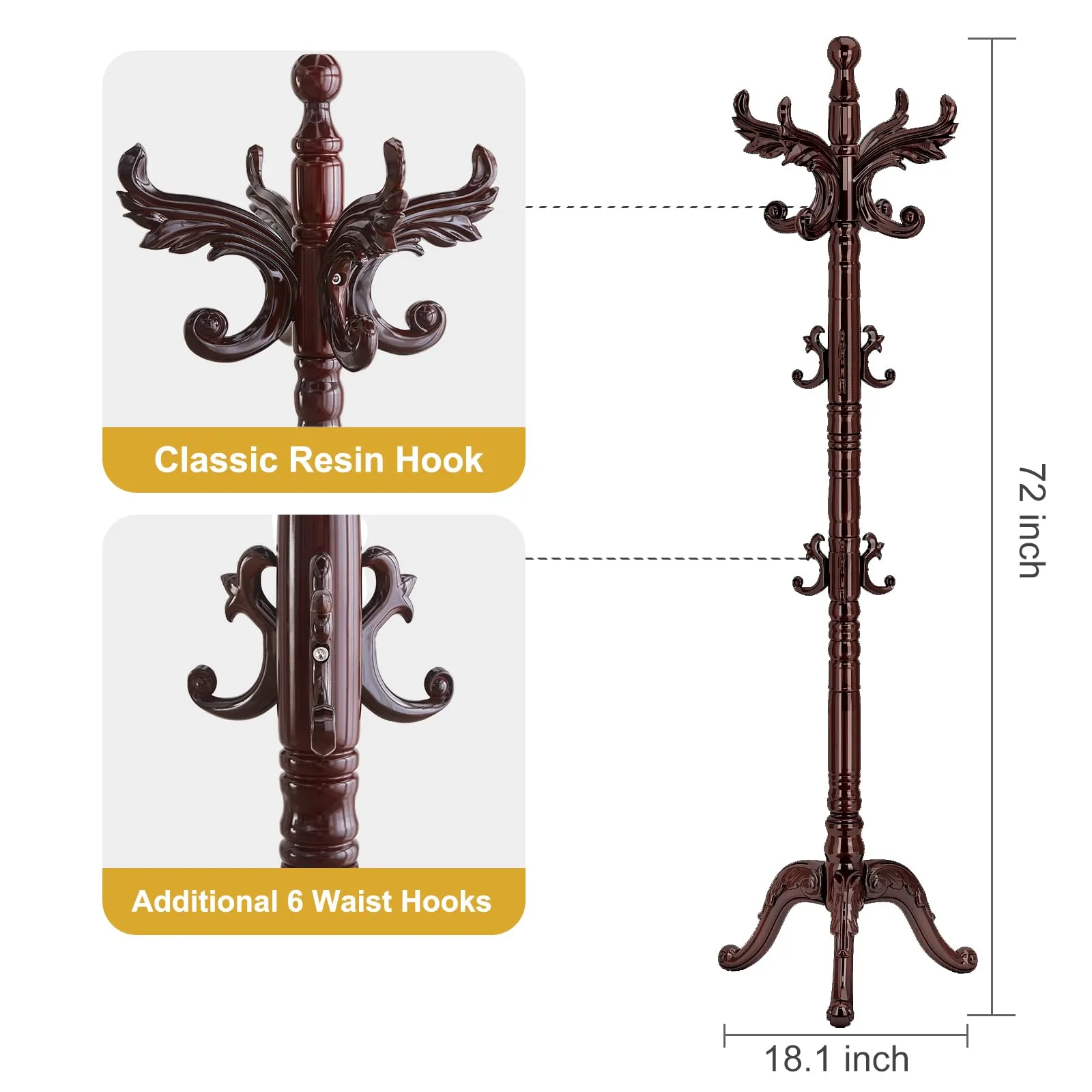 Wooden Coat Rack Stand Sturdy Triangle Base, Natural Birch Wood Coat Racks Freestanding, Vintage Solid Coat Tree Stand with 14 Hooks, Classic Sturdy Coat Racks Hall Tree for Entryway, Office